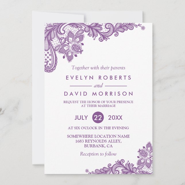 Elegant Lace Lavender Purple White Formal Wedding Invitation (Front)