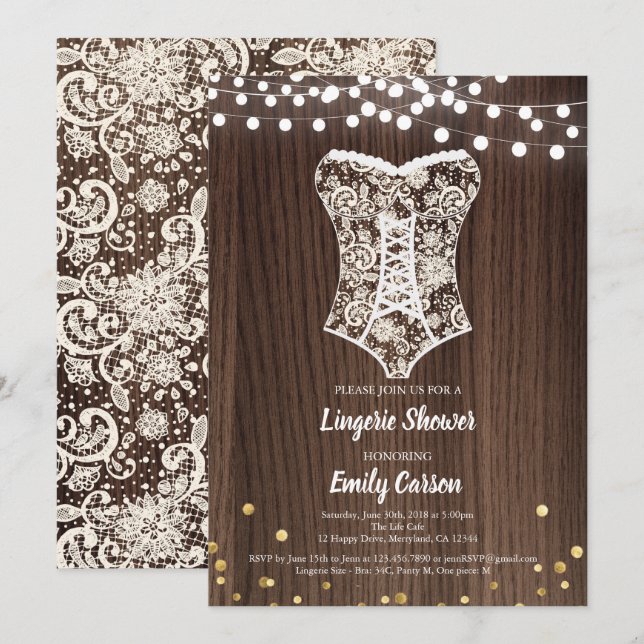 Elegant lace lingerie shower rustic wood invitation (Front/Back)