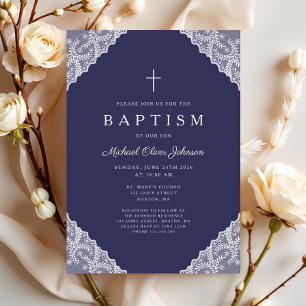 Elegant Lace Navy Blue Baby Boy Baptism Invitation