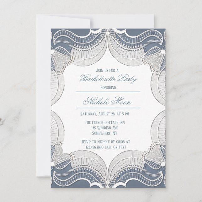 Elegant Lace On Blue Wedding Bachelorette Party Invitation (Front)
