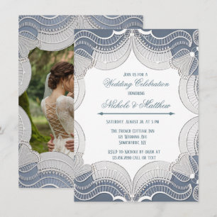Elegant Lace On Blue Wedding Celebration Photo Invitation