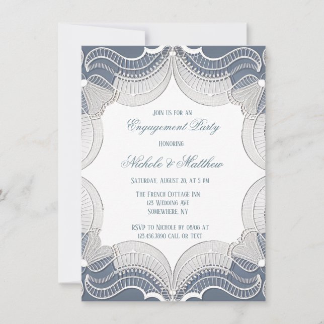 Elegant Lace On Blue Wedding Engagement Party Invitation (Front)