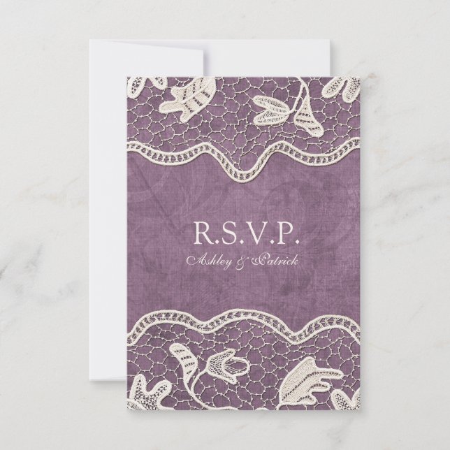 Elegant Lace on Violet Background RSVP Card (Front)