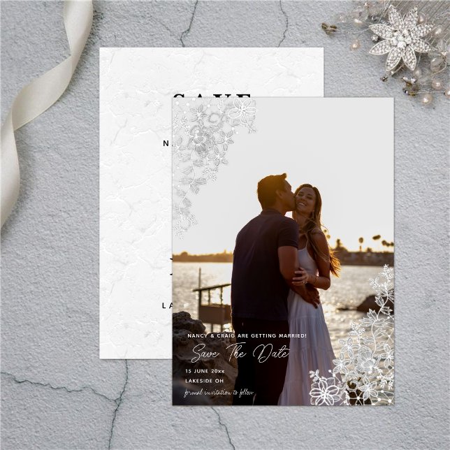 Elegant Lace Photo Save The Date Card (Creator Uploaded)