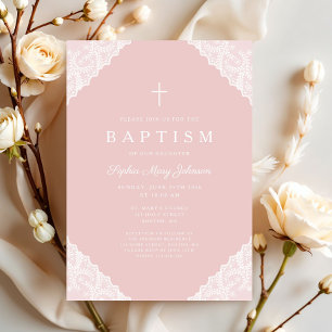 Elegant Lace Pink Baby Girl Baptism Invitation