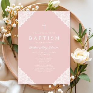 Elegant Lace Pink Baby Girl Baptism Invitation