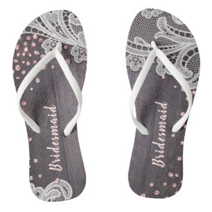 Elegant Lace rustic wood blush glitter bridesmaid Flip Flops
