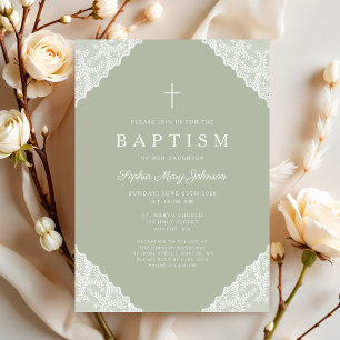 Elegant Lace Sage Green Baptism Invitation