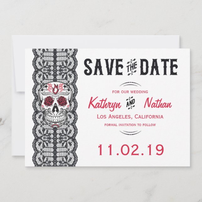 Elegant Lace Sugar Skull Save the Date cards (Front)