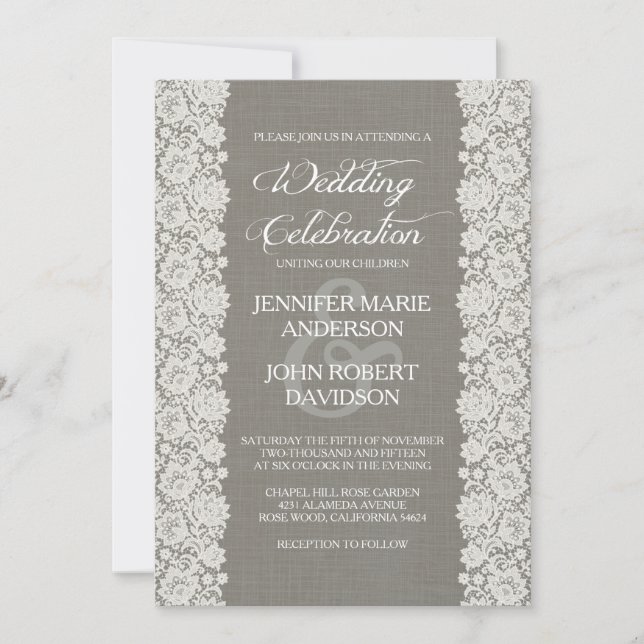 Elegant Lace Vintage Wedding Invitation Grey (Front)