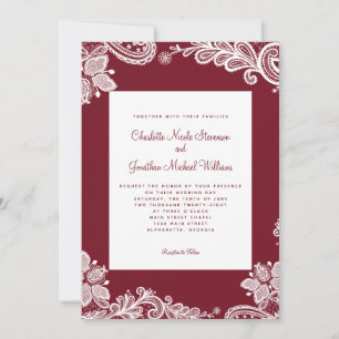 Elegant Lace Wedding Custom Photo Red White Invitation