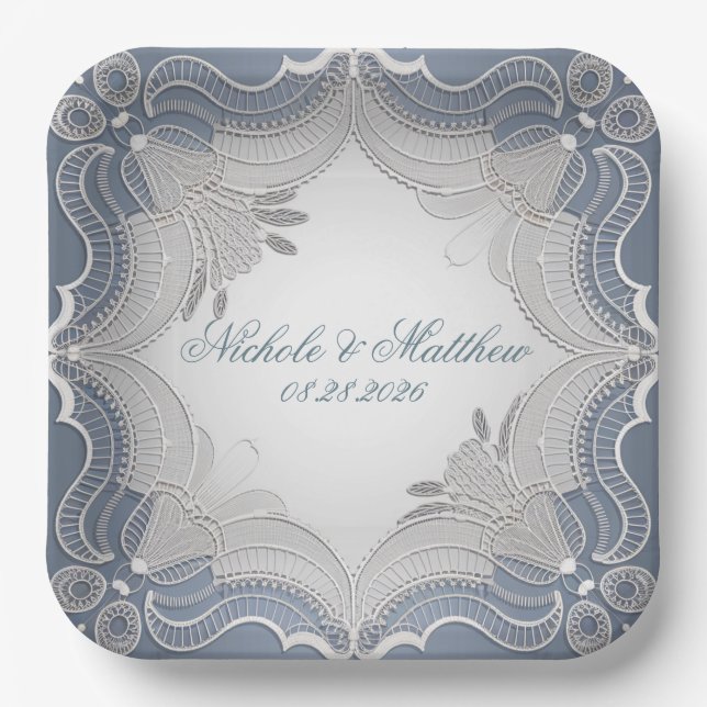 Elegant Lace Wedding On Blue Gradient Paper Plate (Front)