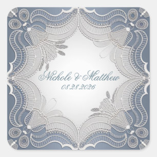 Elegant Lace Wedding On Blue Gradient Square Sticker