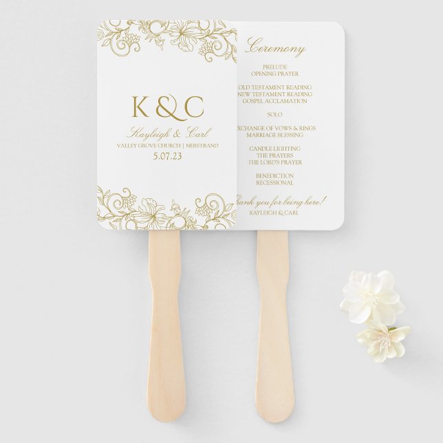 Elegant Lace Wedding Program Fans | Vintage (Gold) (Front and Back)