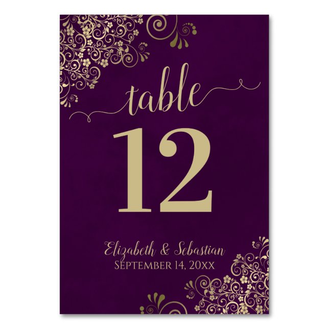 Elegant Lacy Gold Calligraphy Plum Purple Wedding Table Number (Front)