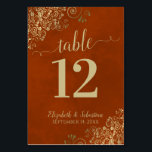 Elegant Lacy Gold Calligraphy Rust Orange Wedding Table Number<br><div class="desc">These elegant wedding table number cards feature a beautiful design with a gold faux foil lace and fancy calligraphy on a marbled rust orange or burnt umber coloured background. There is space for the names of the couple as well as the wedding date.</div>