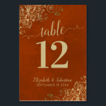 Elegant Lacy Gold Calligraphy Rust Orange Wedding Table Number<br><div class="desc">These elegant wedding table number cards feature a beautiful design with a gold faux foil lace and fancy calligraphy on a marbled rust orange or burnt umber coloured background. There is space for the names of the couple as well as the wedding date.</div>