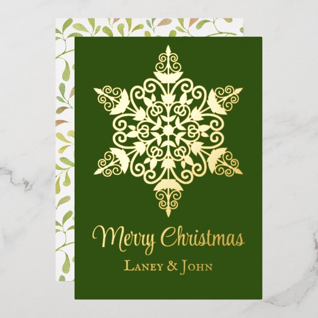 Elegant Lacy Snowflake on Green Foil Holiday Card (Front/Back)