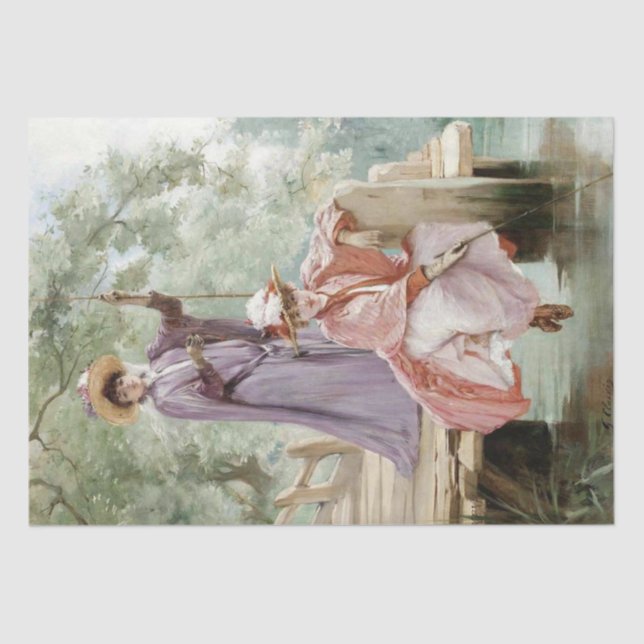 Elegant Ladies Fishing on Dock in Nature Decoupage Tissue Paper (Front)