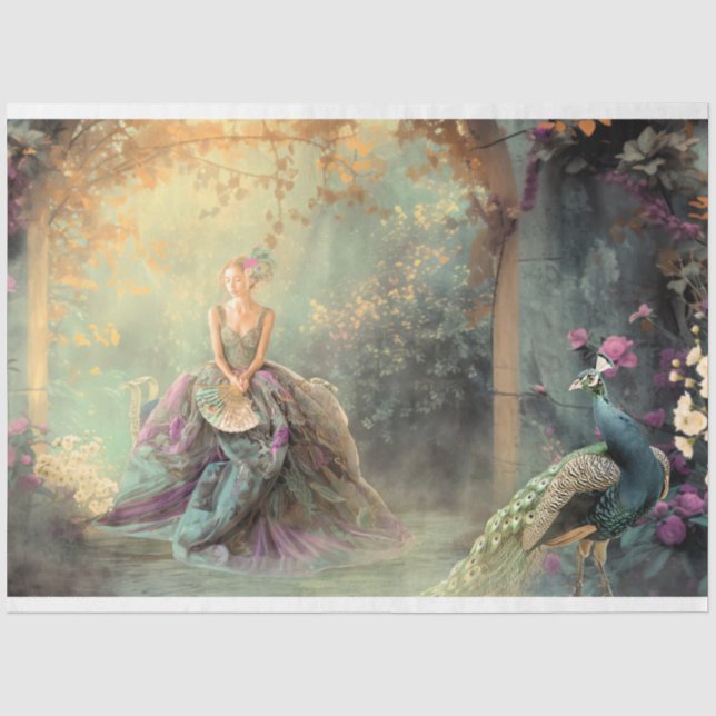 Elegant Lady & a Peacock, Vibrant Portrait Art Tissue Paper (Front)