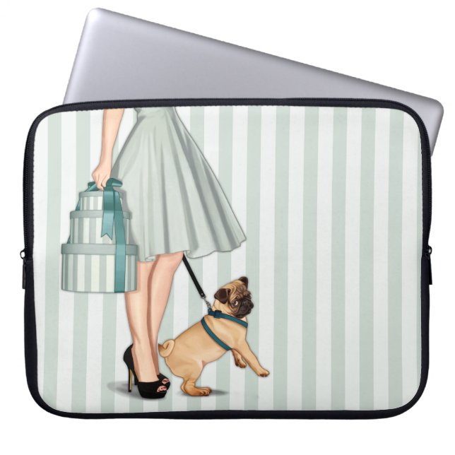 Elegant lady and pug laptop sleeve (Front)