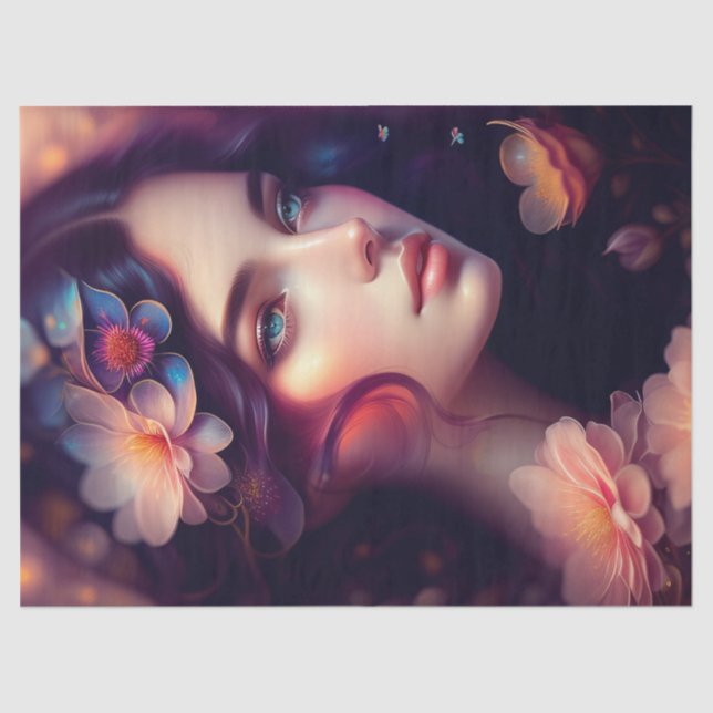 Elegant Lady Orange Pink Blue Flowers Decoupage Tissue Paper (Front)