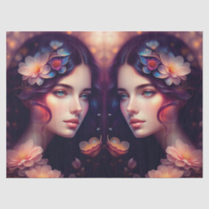 Elegant Lady Orange Pink Blue Flowers Decoupage Tissue Paper