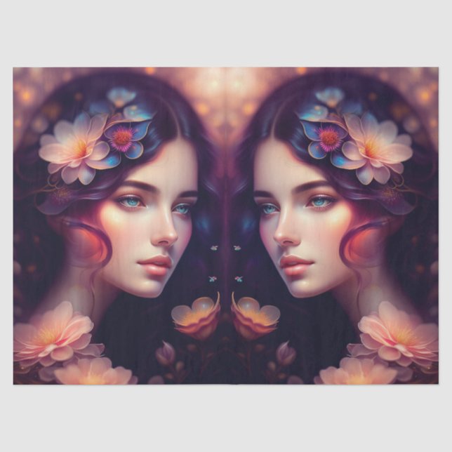 Elegant Lady Orange Pink Blue Flowers Decoupage Tissue Paper (Front)