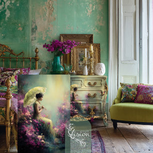 Elegant Lady & Parasol sitting, Ethereal Floral Tissue Paper