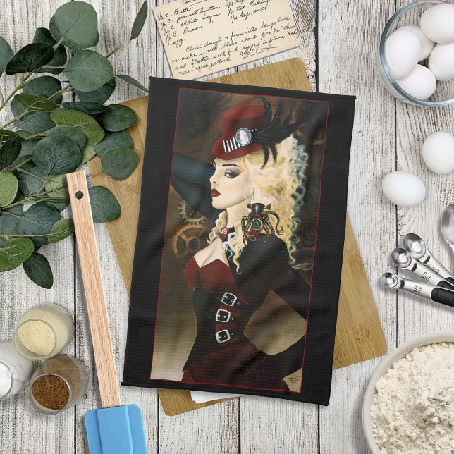 Elegant Lady Steampunk Victorian Red Clockwork Kitchen Towel (Creator Uploaded)