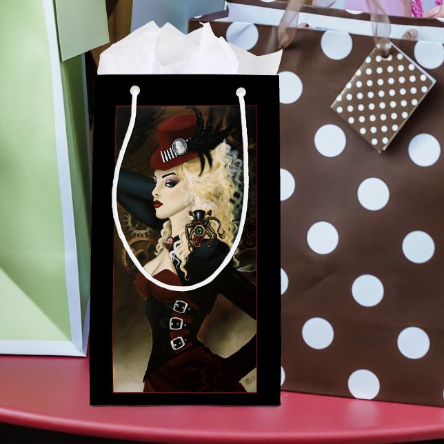 Elegant Lady Steampunk Victorian Red Clockwork Small Gift Bag (Creator Uploaded)
