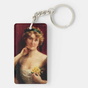 Elegant Lady With A Yellow Rose by Emile Vernon Keychain
