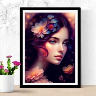 Elegant Lady With Orange Pink Blue Flowers Poster