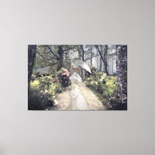 Elegant Lady With White Umbrella By The Woods Canvas Print
