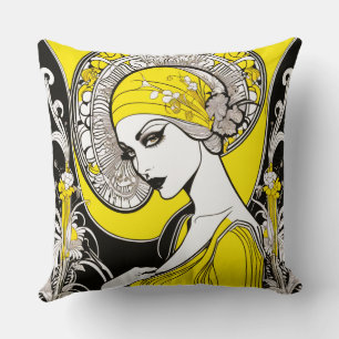 Elegant Lady Yellow & Black Art Nouveau Throw Pillow
