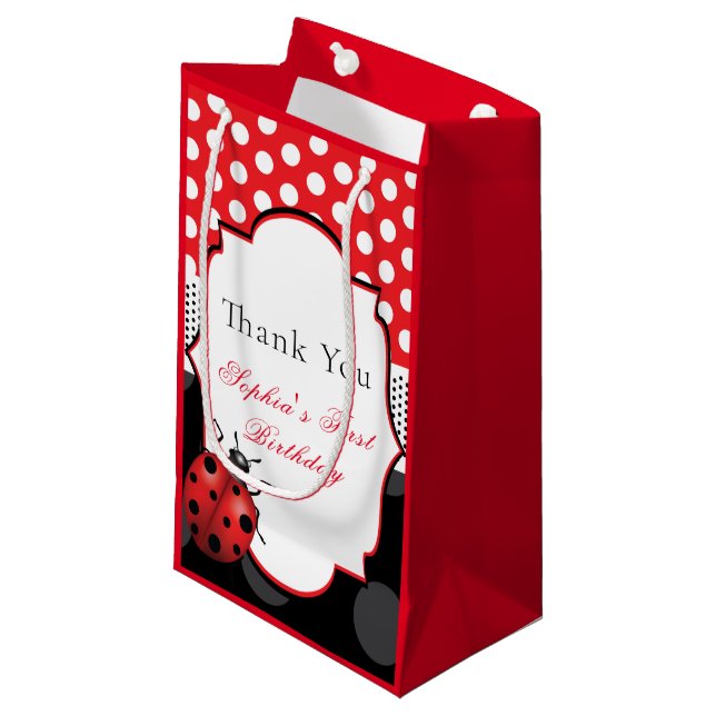 Elegant Ladybug Personalized Thank You Small Gift Bag (Front Angled)