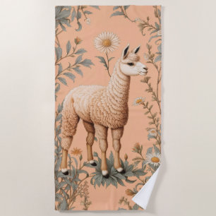 Elegant Lama and Daisy Flowers On Peach Beach Towel