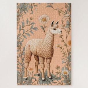 Elegant Lama and Daisy Flowers On Peach Jigsaw Puzzle