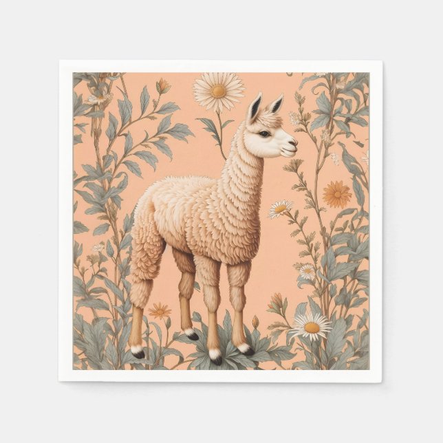 Elegant Lama and Daisy Flowers On Peach Napkin (Front)