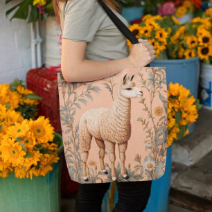 Elegant Lama and Daisy Flowers On Peach Tote Bag