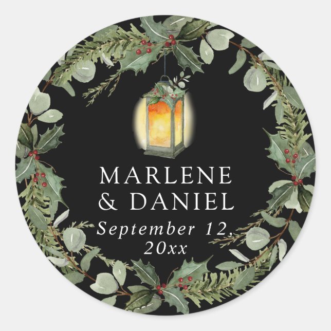 Elegant Lantern Winter White n Red Holly Envelope Classic Round Sticker (Front)