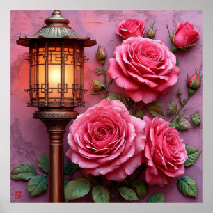 Elegant Lantern with Blooming Pink Roses Poster