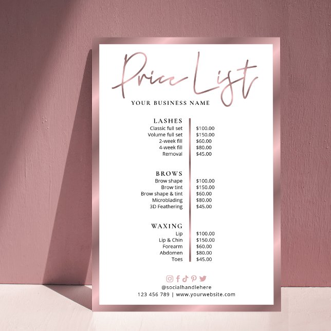 Elegant Lashes Salon Rose Gold Price List Poster (Rose gold effect and white business price list, great for salons, spa, boutiques and more!)