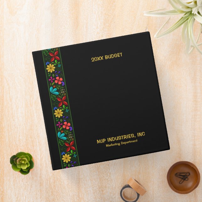 Elegant Latin American Folk Floral Black Business Binder (In Situ)