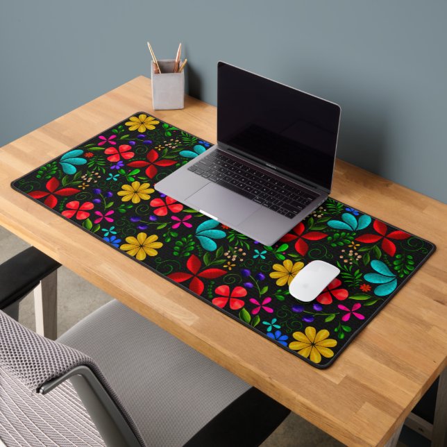 Elegant Latin American Folk Floral | Black Desk Mat (Office 2)