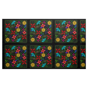 Elegant Latin Folk Floral   Black Fabric
