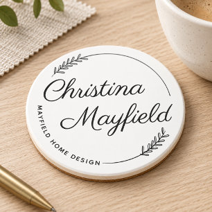 Elegant Laurel Leaves Personalized Name Business Coaster