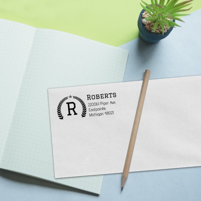 Elegant Laurel Monogram Custom Return Address Rubber Stamp (Creator Uploaded)