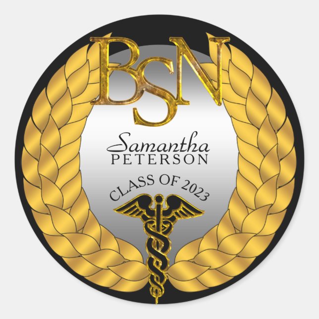 Elegant Laurel Wreath BSN Nursing Degree Caduceus Classic Round Sticker (Front)