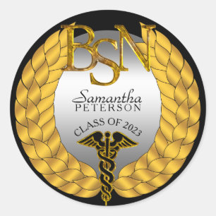Elegant Laurel Wreath BSN Nursing Degree Caduceus Classic Round Sticker